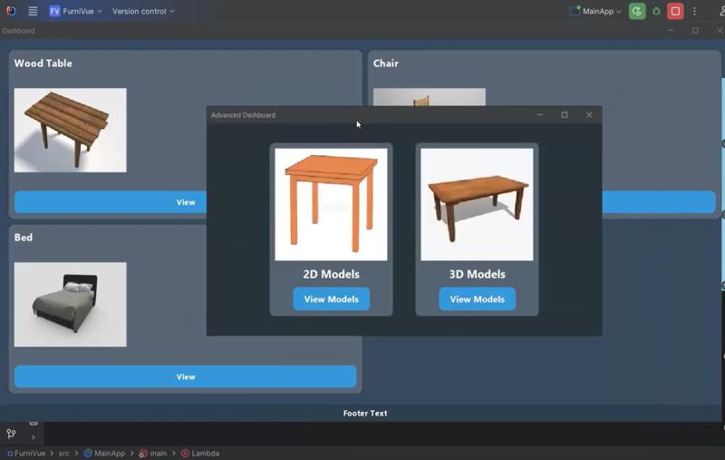 FurniVue desktop app dashboard showing 2D and 3D model selection window